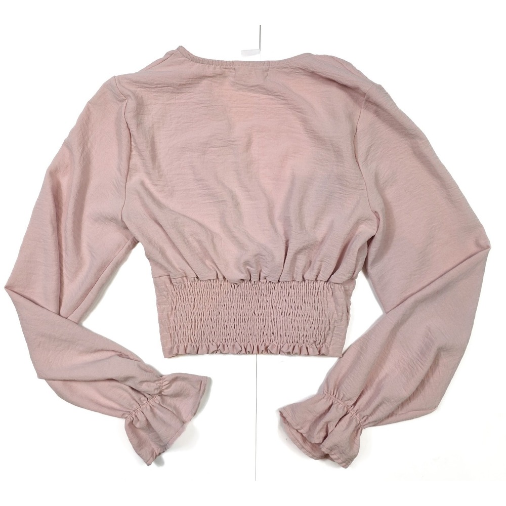 Altar'd State Pink Ruffled Cropped Long Sleeve V- Neck Blouse Women's Size Small - Picture 2 of 5